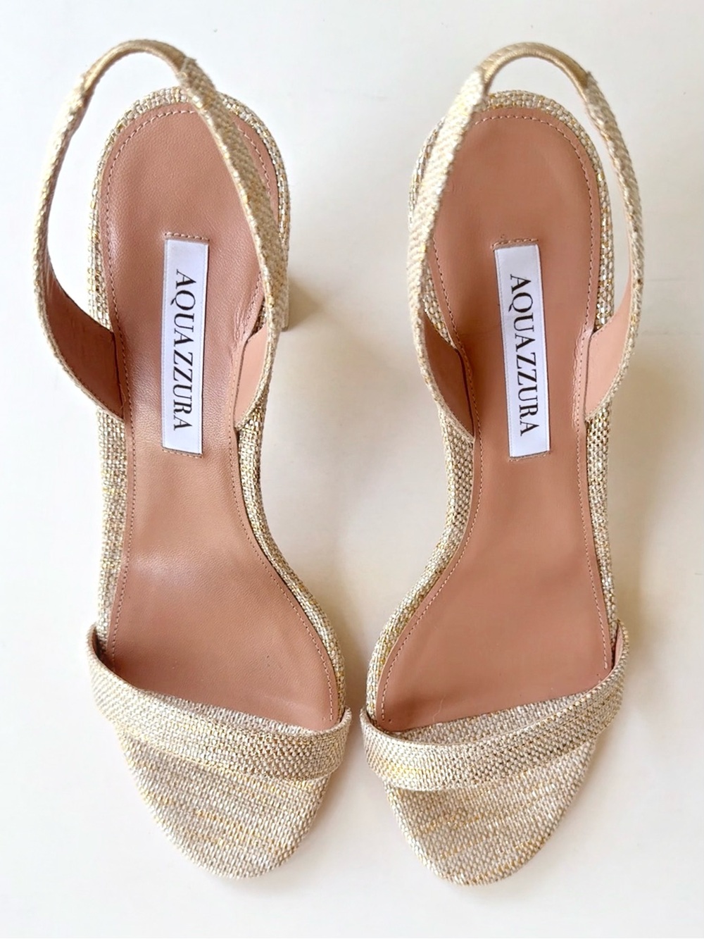 NWOB Aquazzura So Nude 85MM Metallic Sandals Woven Textile Gold Leather 39 $695 - Picture 7 of 12